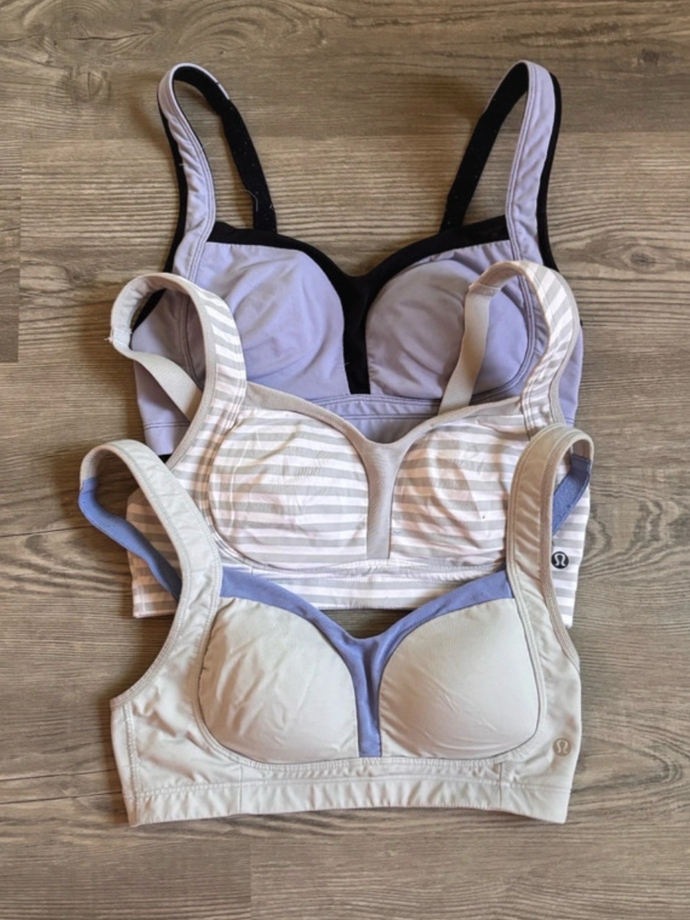 Lululemon 32D Sports Bra Bundle 3 Pc Neutral Colors of Purple Gray White Striped